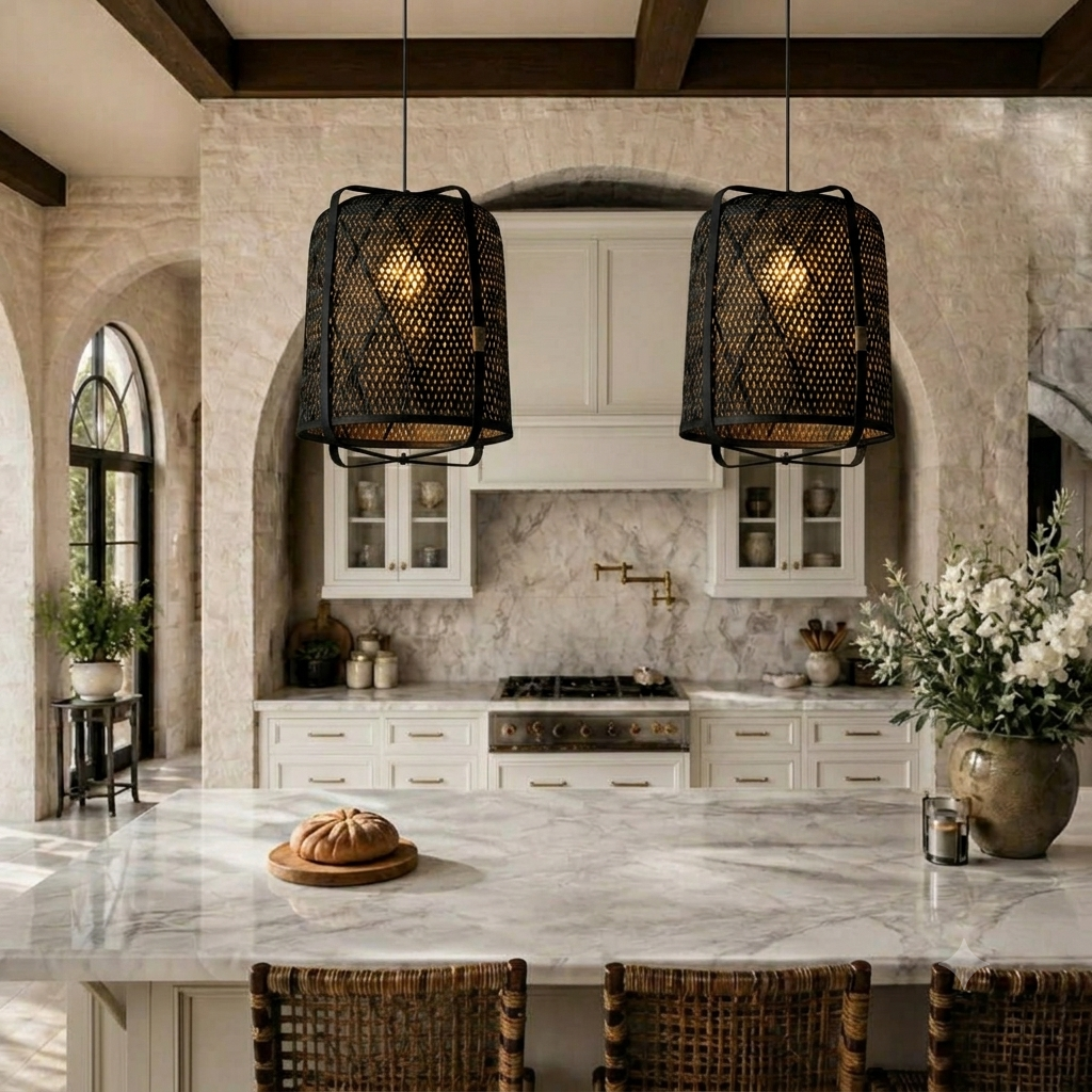 Functional bamboo hanging light, great as task lighting over kitchen islands, cylinder silhouette.
