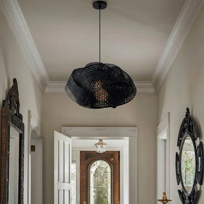 Decorative hallway hanging lamp, minimalist bamboo style for home entry, sculptural frame.