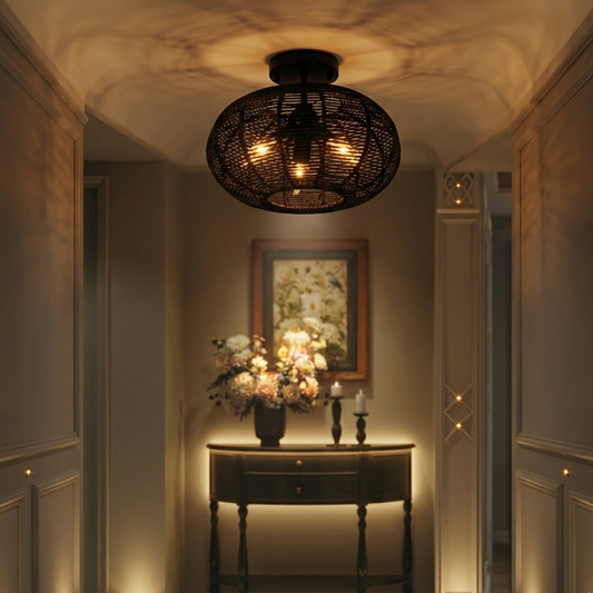 Inviting black rope flush mount ceiling light installed in a stylish home entryway.