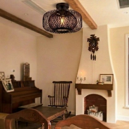 Elegant black wire mesh ceiling light enhancing the modern aesthetic of a living room.