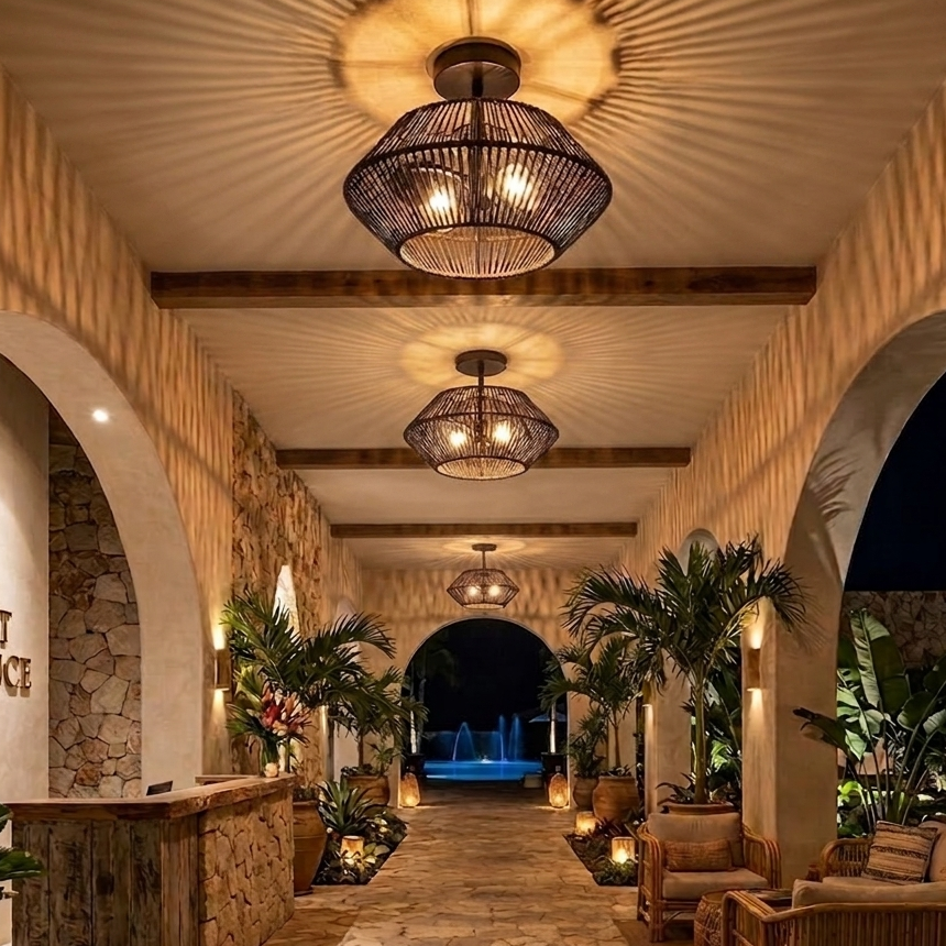 Modern black woven rope ceiling light illuminating a stylish bar counter in a luxury resort.