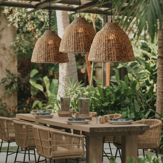 Boho style jute pendant light fixture suitable for a covered garden patio.