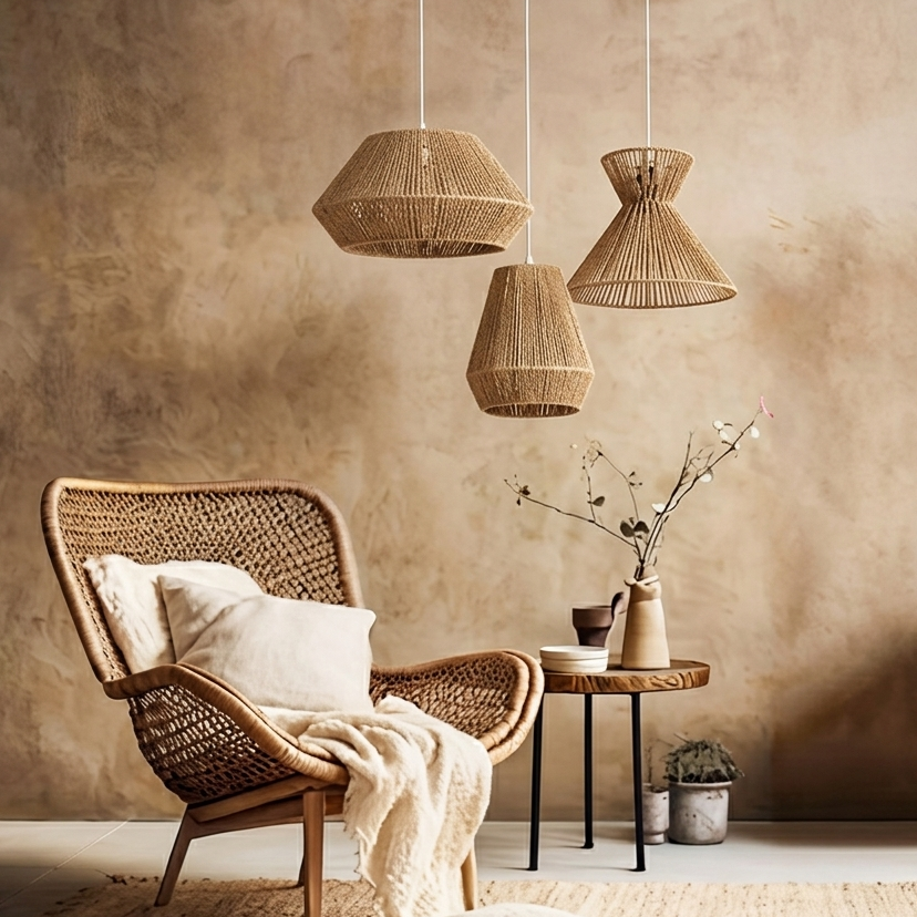 Bohemian style natural jute pendant set perfect for relaxed and trendy boho-chic spaces.