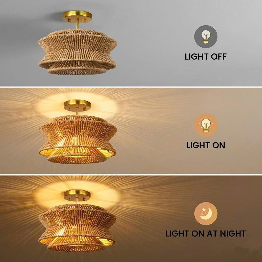 Bohemian texture hemp flush fixture, adding an eclectic boho-chic vibe to stylish home interiors.