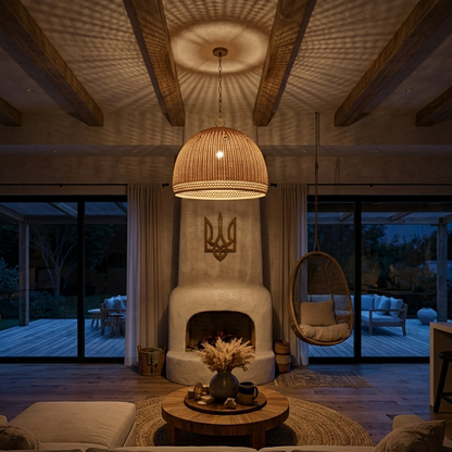 Bohemian Wabi-Sab texture wicker hanging fixture, adding an eclectic boho-chic vibe to stylish interiors.