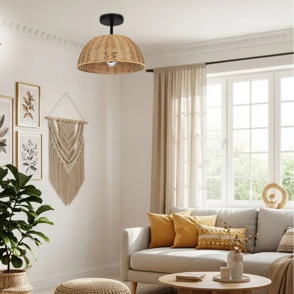 Boho chic woven dome flush mount light perfect for adding an exotic and relaxed vibe to room styling.