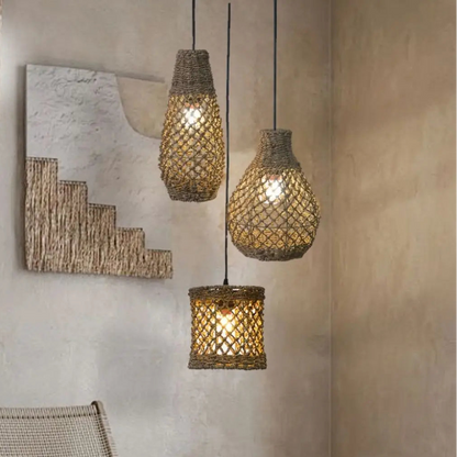 Boho chic woven jute hanging fixture, adding a relaxed, worldly, and bohemian flair to any space.