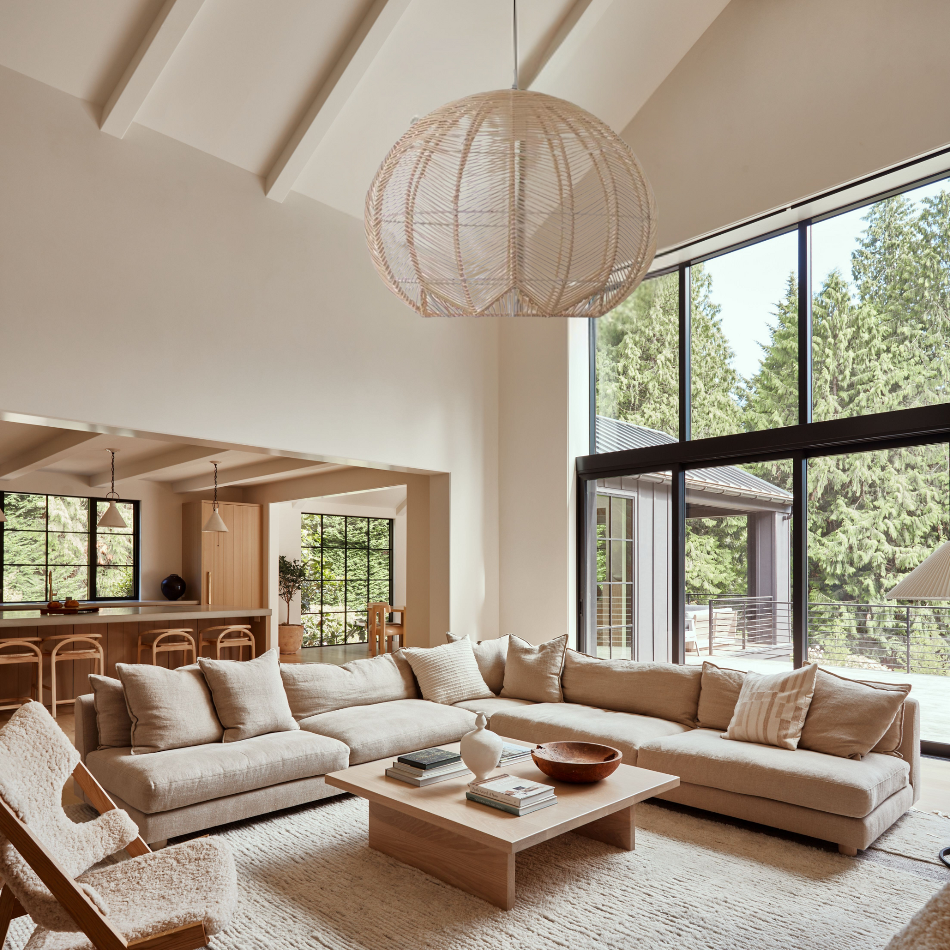 Close up of handcrafted natural rattan dome light hanging in living room