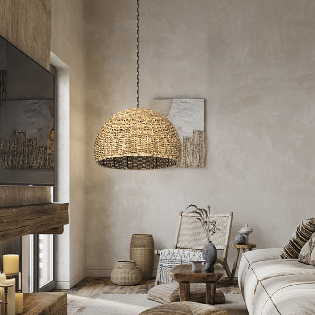 Boho style woven seagrass hanging lamp adding organic texture to a modern living area