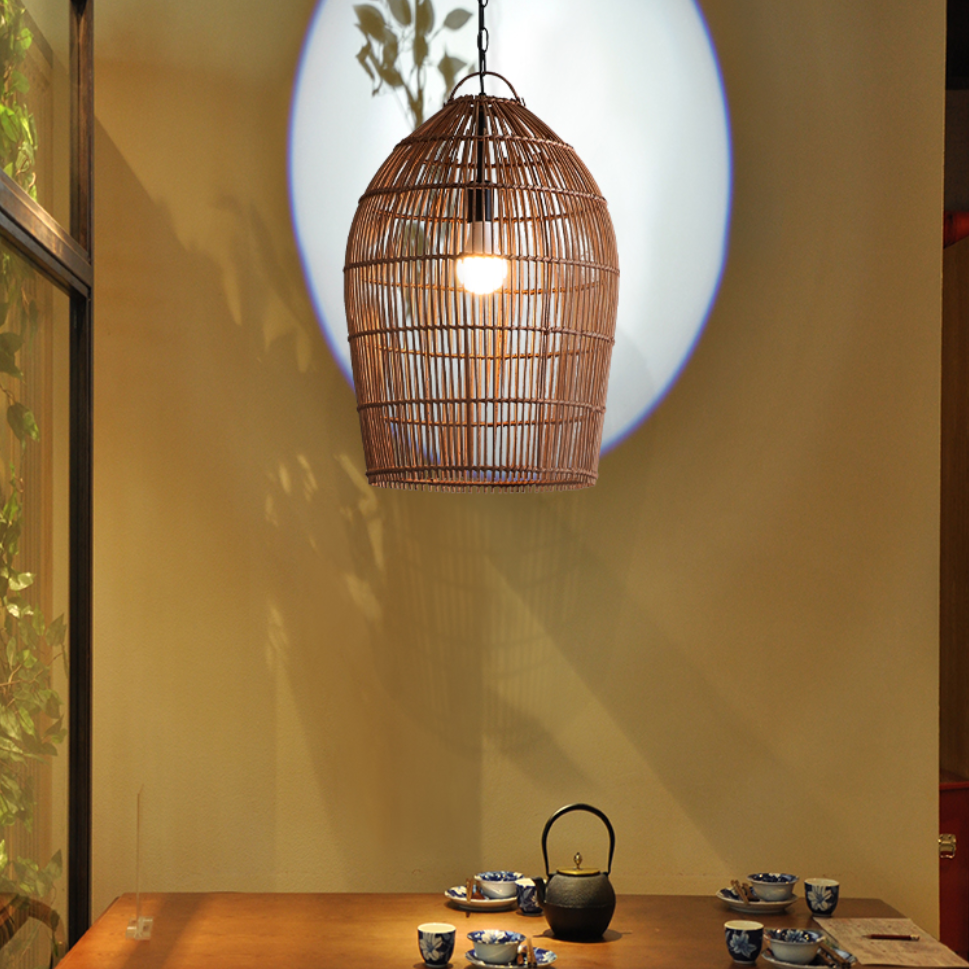 Boho style natural rattan pendant light with intricate handcrafted texture
