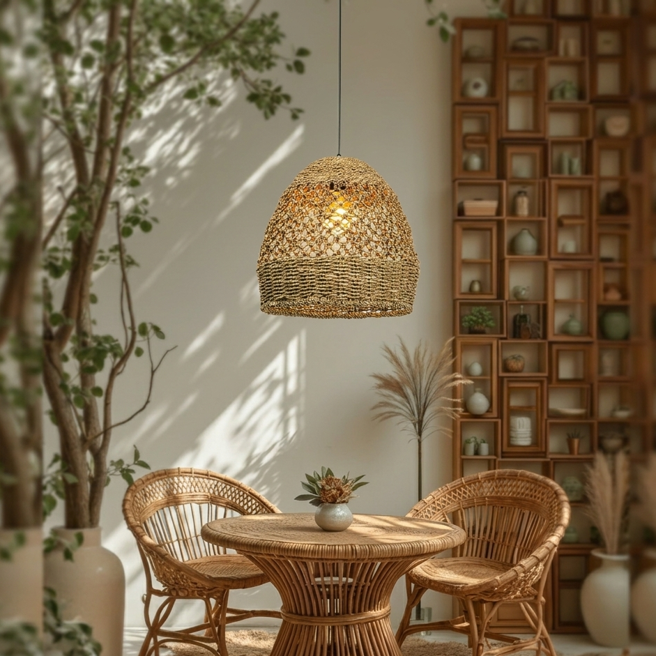 Handwoven natural fiber pendant light creating a cozy ambiance in a modern cafe