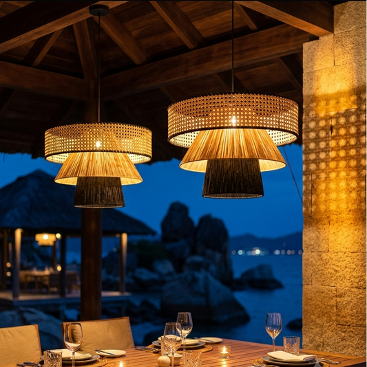 Boho tiered rattan pendant light turned on and off