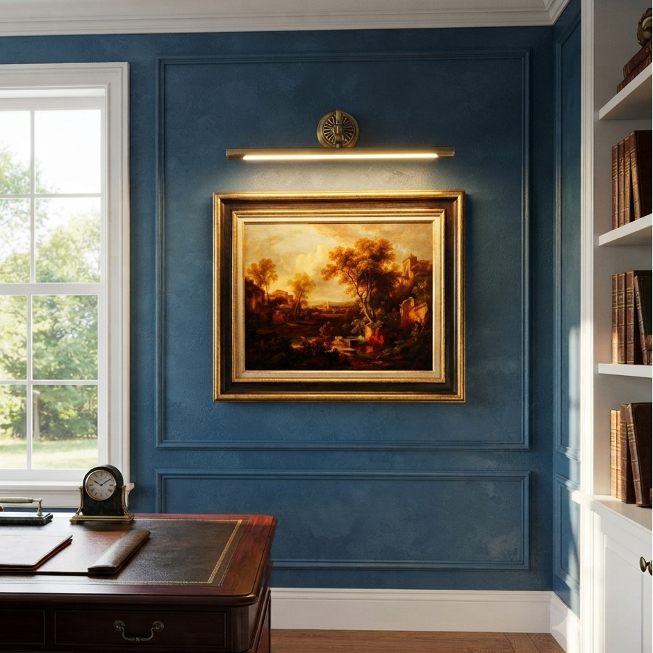 Decorative brass picture light for accent lighting in a home office gallery