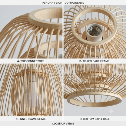 Biodegradable ceiling pendant made of hand-crafted bamboo frame, ideal for healthy living room environments.