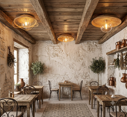 Bohemian style ceiling pendant with woven rattan saucer, creating a relaxed mood in a restaurant.