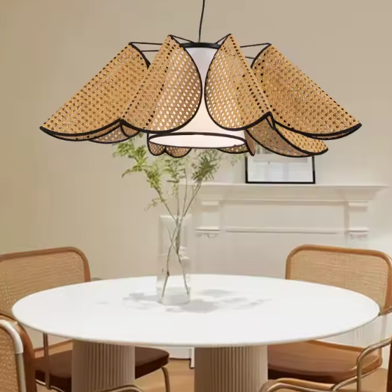 Ceiling pendant in modern rattan and fabric style, ideal for kitchen lighting, providing functional task light.