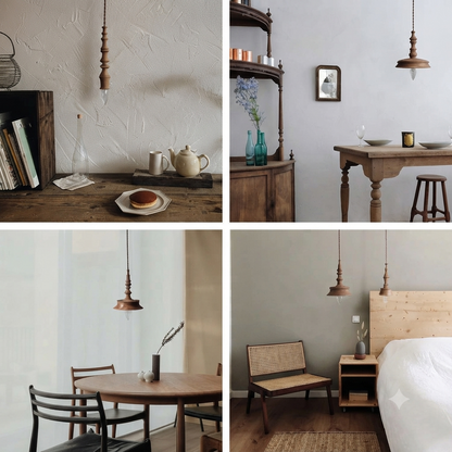 Ceiling pendant in modern turned wood style, ideal for kitchen lighting, providing functional task light.