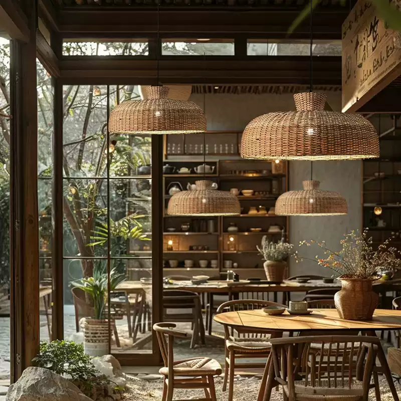 Bohemian Nordic style ceiling pendant with woven rattan dome, creating a relaxed mood in a restaurant.