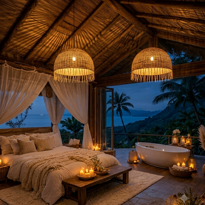 Organic ceiling pendant with bamboo texture for a serene and calm bedroom space.