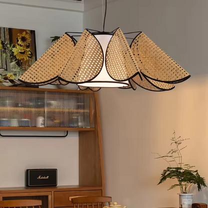 Ceiling pendant in organic rattan and fabric, handmade for a healthy kitchen atmosphere, offering unique task lighting.