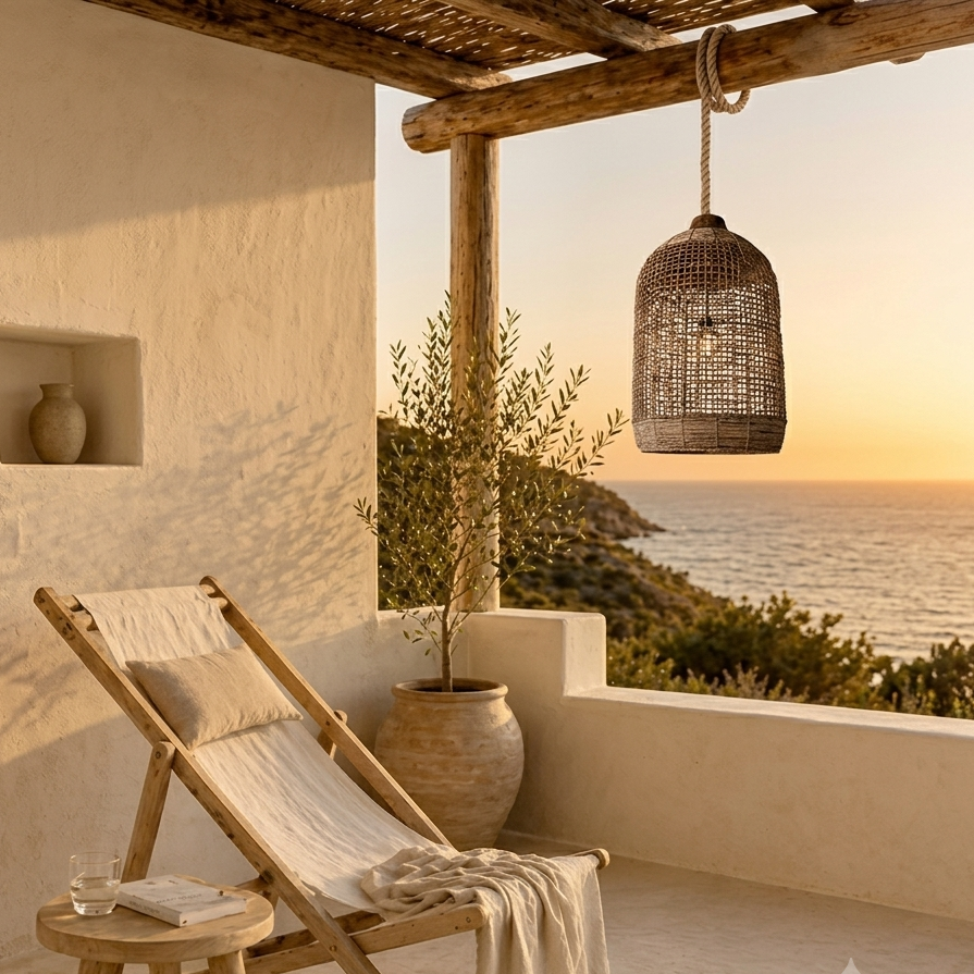 Quiet luxury lighting ceiling pendant in natural rattan for a luxury resort.