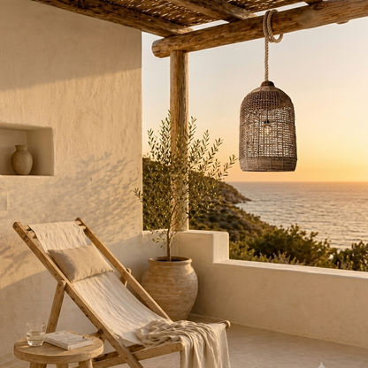 Quiet luxury lighting ceiling pendant in natural rattan for a luxury resort.