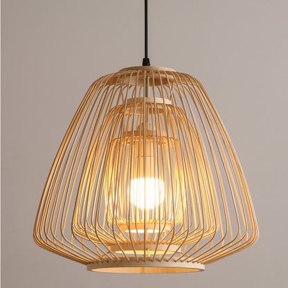 Ceiling pendant highlighting raw organic bamboo tiered cage materials for a minimalist earthy home aesthetic.