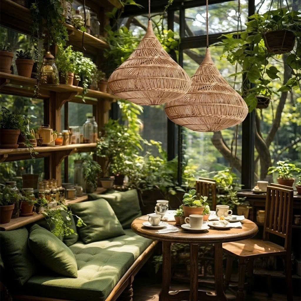 Ceiling pendant highlighting raw organic rattan teardrop materials for a minimalist earthy home aesthetic.