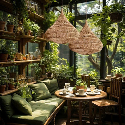 Ceiling pendant highlighting raw organic rattan teardrop materials for a minimalist earthy home aesthetic.