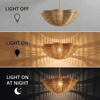 Ceiling pendant highlighting raw woven rattan materials for a minimalist earthy home aesthetic.