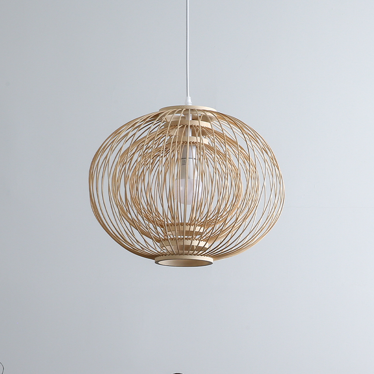 Wabi-sabi ceiling pendant in natural bamboo, used as a unique alternative to a bedroom nightstand lamp.