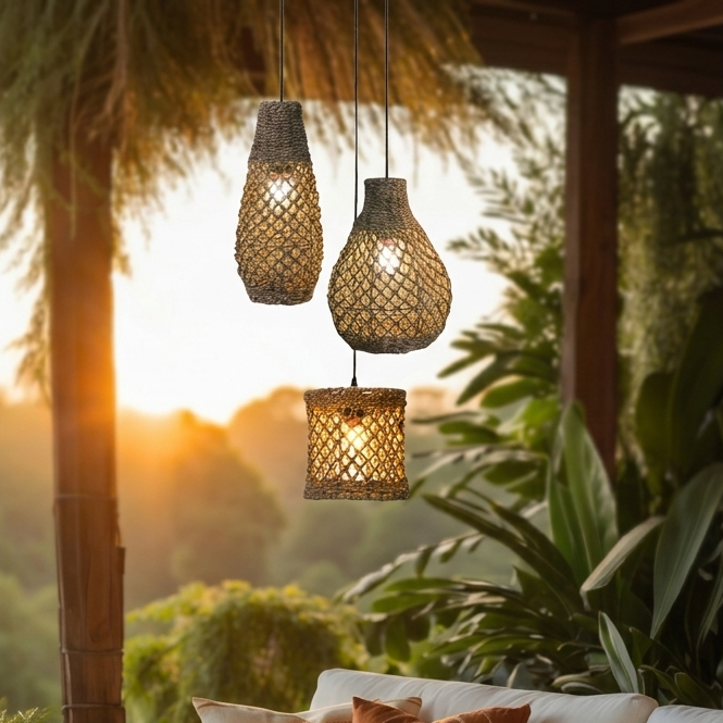 Chic jute hanging fixture used as high-end interior decor in a trendy and modern coffee shop.