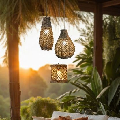 Chic jute hanging fixture used as high-end interior decor in a trendy and modern coffee shop.