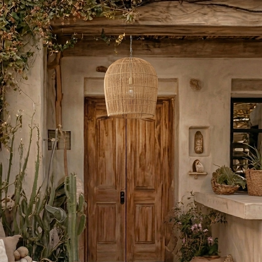 Chic rattan ceiling light illuminating a home bar, bringing a touch of tropical luxury to your indoor decor