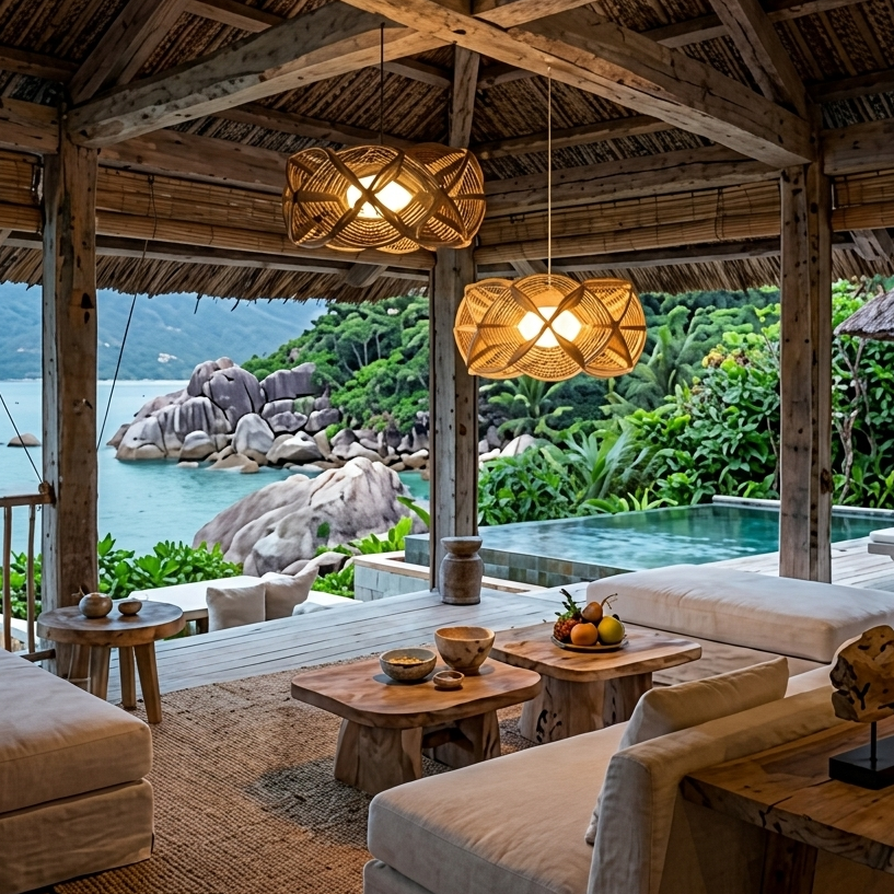 Coastal inspired rattan hanging light capturing a serene, breezy beach-house atmosphere.