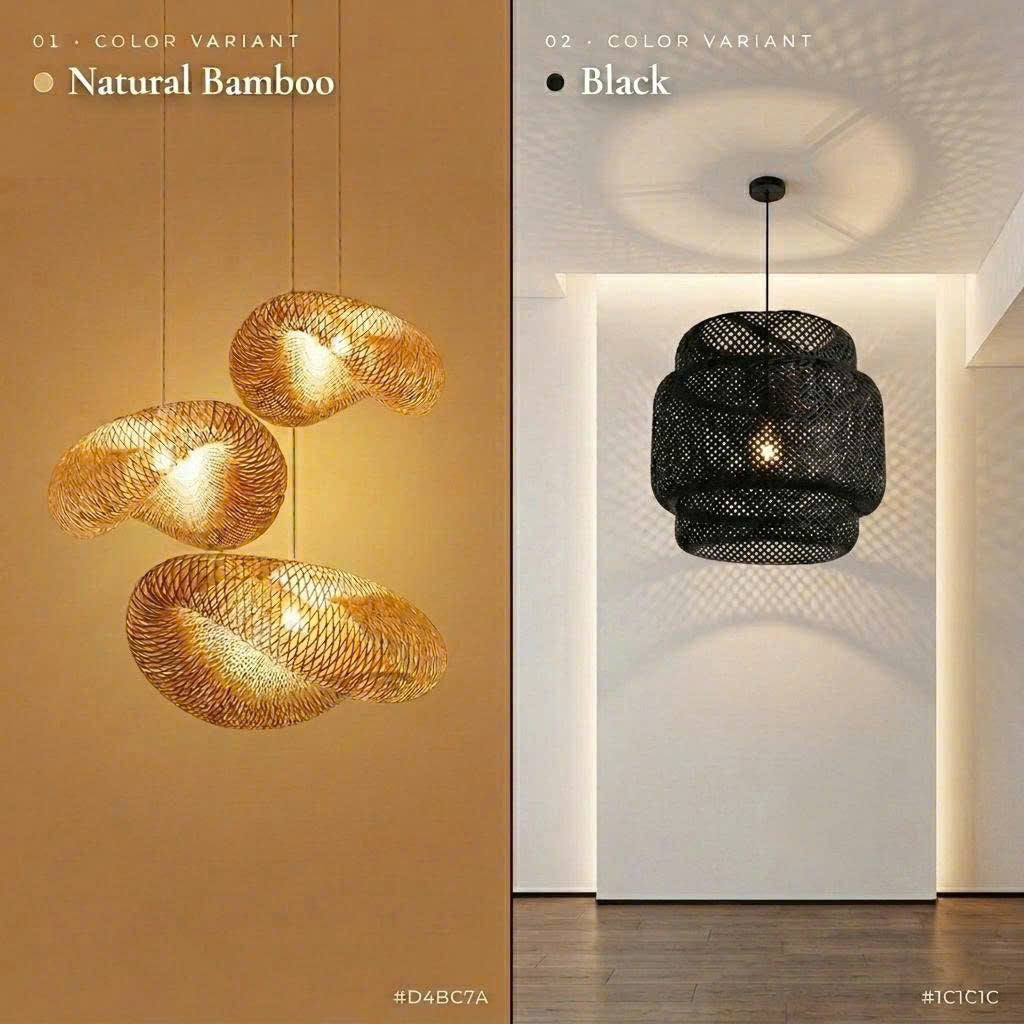 Contemporary Zen-style bamboo pendant lamp featuring a unique, modern geometric design