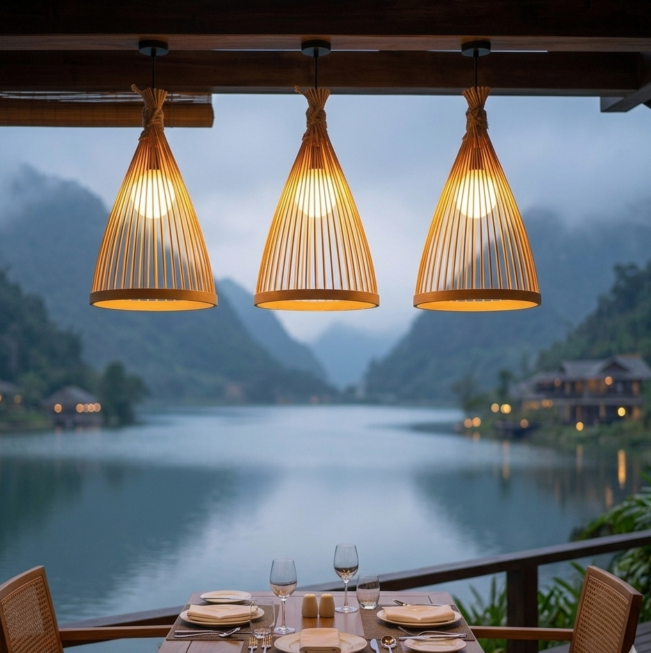 Handwoven bamboo pendant light for luxury resort interior design