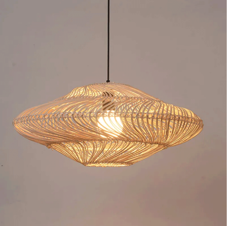 Pair of premium bamboo hanging lamps with unique weave geometry, suitable for boutique hotels and cafes.  
