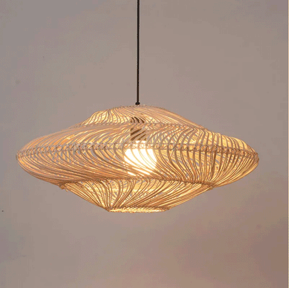 Pair of premium bamboo hanging lamps with unique weave geometry, suitable for boutique hotels and cafes.  