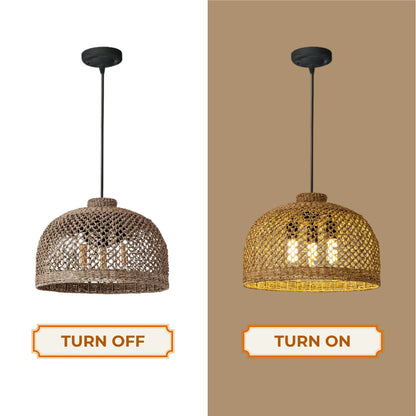 Unique jute pendant lighting creating a warm glow in a commercial restaurant space.