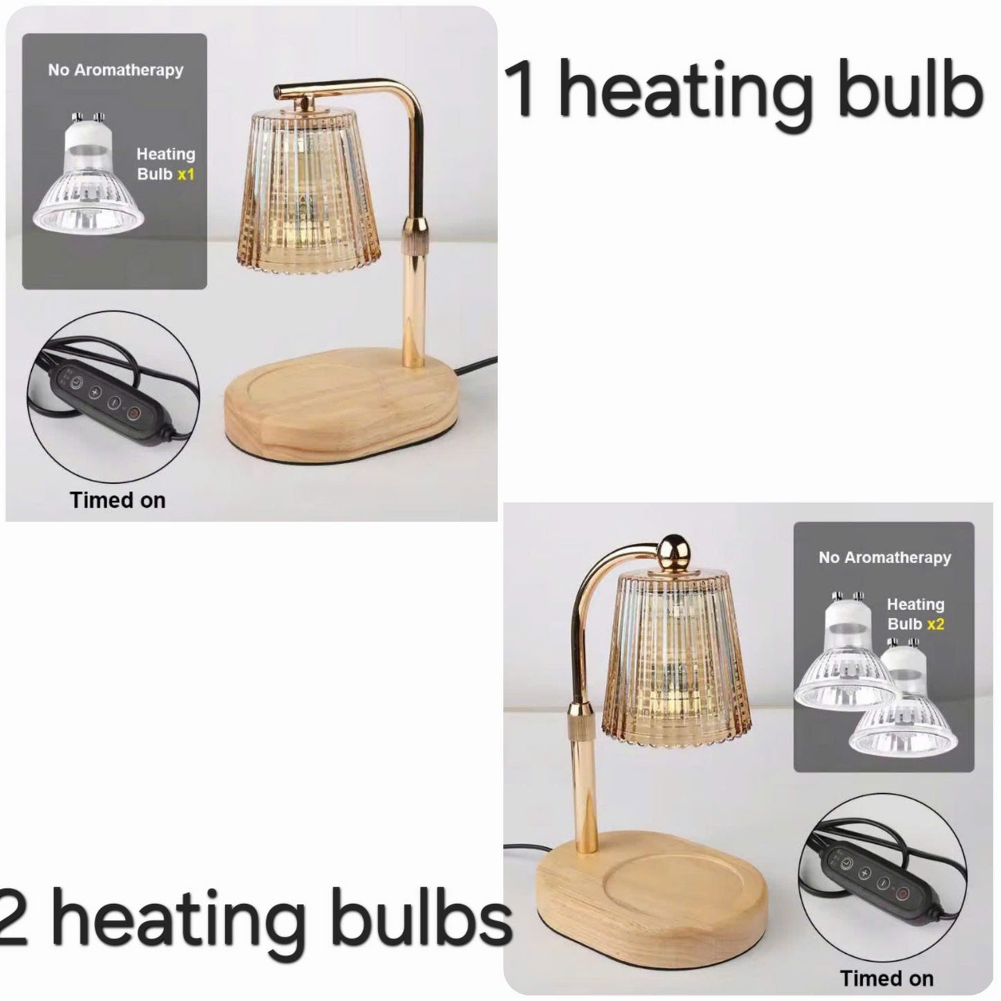 A product collage showing a wooden table lamp with a ribbed glass shade and gold-toned arm on a round wooden base, with text indicating 1 heating bulb and 2 heating bulbs, plus inset circles showing the power switch and bulb counts.