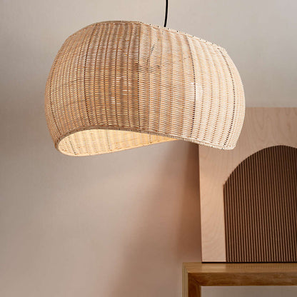 Contemporary artistic rattan pendant light featuring a unique modern oval shape