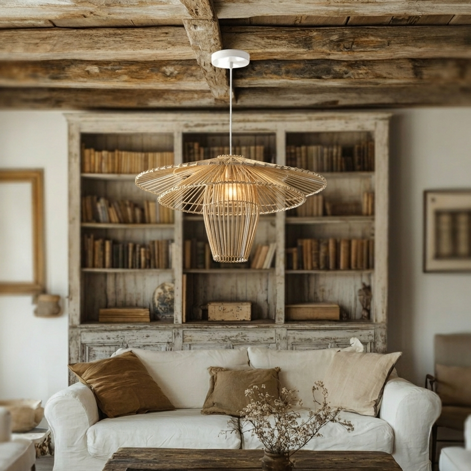 Contemporary Asian-inspired bamboo pendant lamp featuring a unique sculptural structure