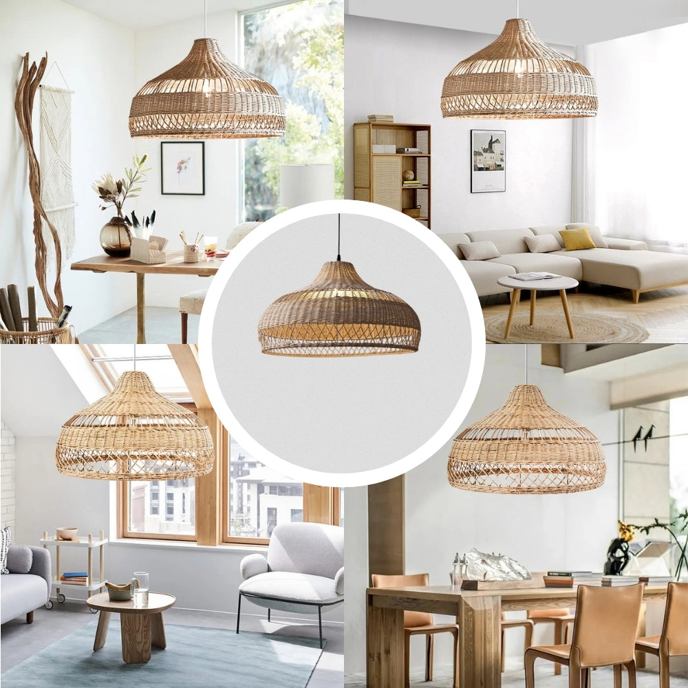 Tropical flared wicker dome chandelier bringing a fresh, warm, and breezy coastal villa aesthetic to an urban apartment space.