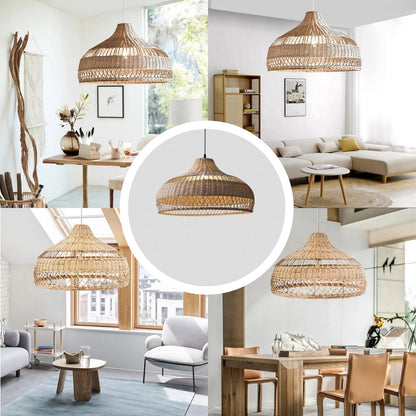 Tropical flared wicker dome chandelier bringing a fresh, warm, and breezy coastal villa aesthetic to an urban apartment space.