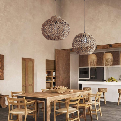 Contemporary net-style rattan ceiling lamp for dining room accent