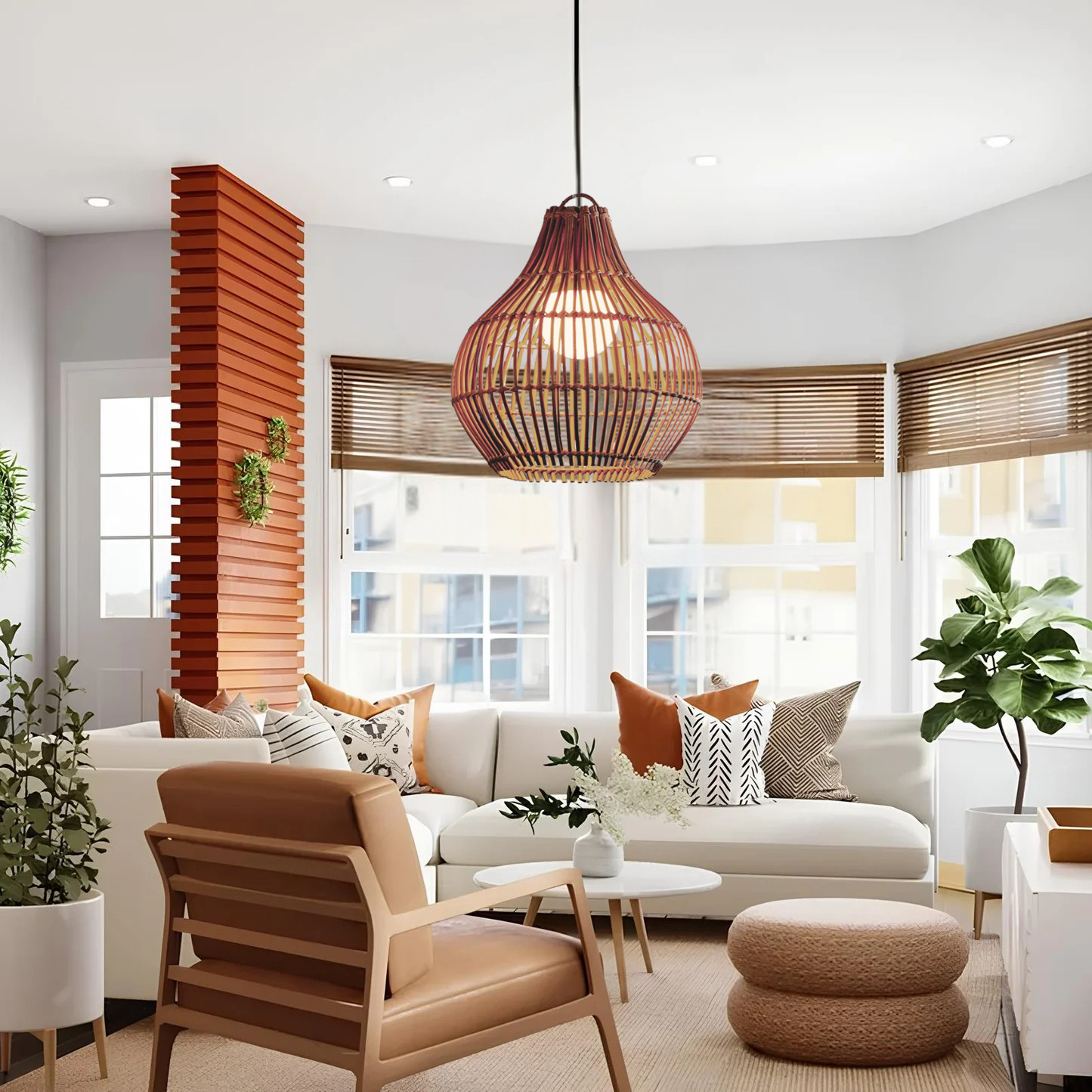 Contemporary rattan light fixture creating a warm home ambiance