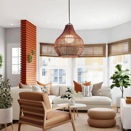 Contemporary rattan light fixture creating a warm home ambiance