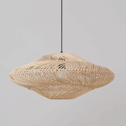 Artistic Japandi ceiling fixture with a modern curved disk shape crafted from premium wicker