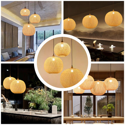 Contemporary woven ball pendant light with a warm and soft interior glow